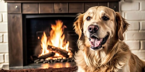 Canvas Print - Cheerful golden retriever sitting by the fireplace in a cozy home , cheerful, golden retriever, fireplace, cozy, home, relaxation