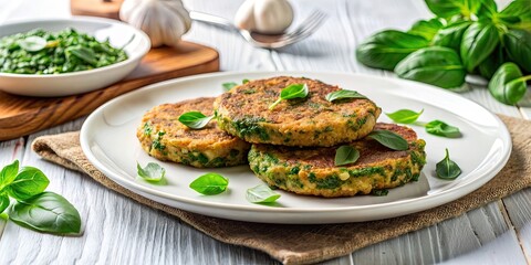 Vegetarian wheat gluten steaks with spinach on a white plate, vegan, plant-based, meat alternative, healthy, nutritious