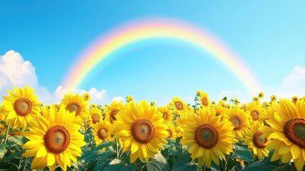 Wall Mural - Sunflowers Field with Rainbow in Summer Sky - Nature Wallpaper