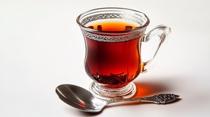 Turkish tea in a cristal Turkish tea glass and silver spoon isolated on white 