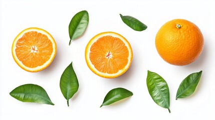 Wall Mural - Whole, cross section and quarter of fresh organic navel orange with leaves in perfect shape on white isolated background, clipping path. Orange have vitamin c