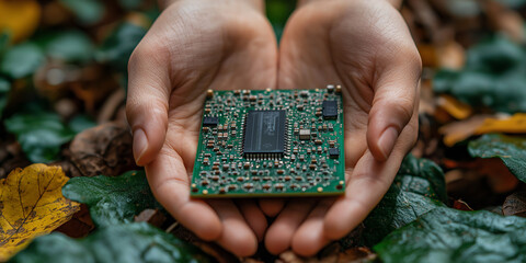 Poster - Engineer holding printed circuit board in forest setting
