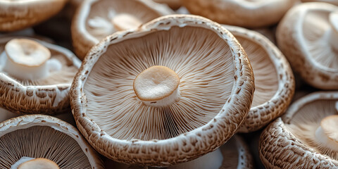 Close up on a bunch of freshly harvested mushrooms showing gills and stems