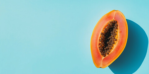 Aufkleber - Fresh papaya fruit cut in half lying on minimal blue background