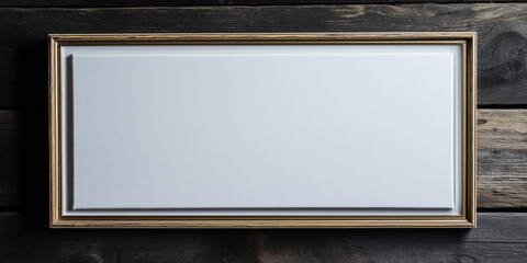 Poster - Empty white canvas in gold picture frame hanging on wooden wall
