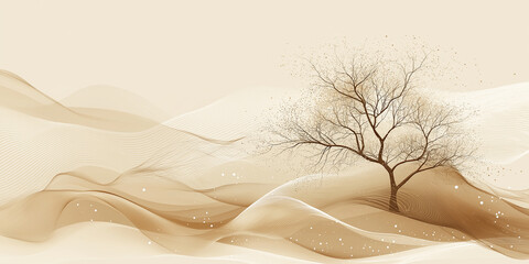 Poster - Brown tree standing on abstract wavy background with particles