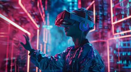 Poster - An individual wearing advanced virtual reality goggles is immersed in a vibrant, neonlit digital world, showcasing the exciting future and vast potential of virtual reality technology