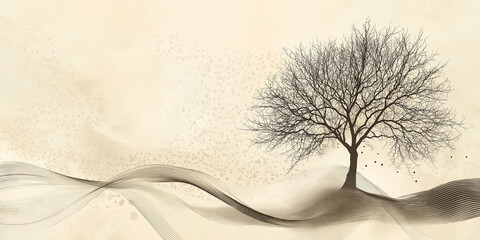 Aufkleber - Bare tree standing on abstract wavy landscape background