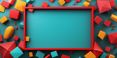 Poster - Red frame is lying on turquoise surface surrounded by colorful geometric shapes