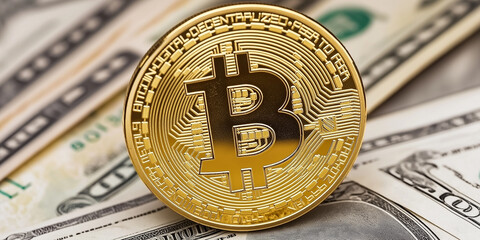 Poster - Golden bitcoin lying on us dollar banknotes