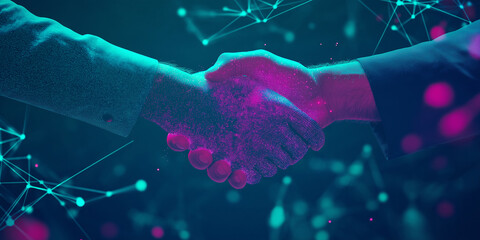 Poster - Businessmen shaking hands forming digital network connection