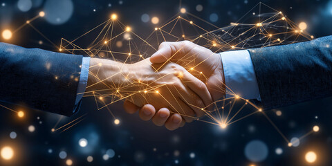 Poster - Two businessmen shaking hands with digital network connection overlaid