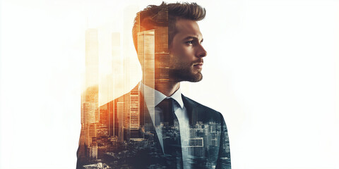 Poster - Businessman imagining a cityscape superimposed over his body