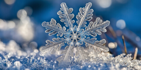 Poster - Real snowflake standing on snow with shallow depth of field