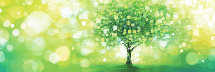 Poster - Digital tree growing with pixels representing technology and nature