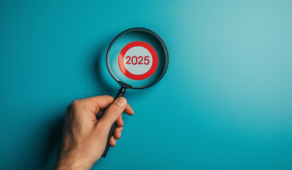 Poster - Hand holding magnifying glass focusing on year 2025 on blue background