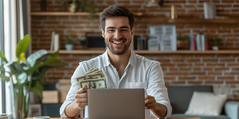 Poster - Happy young man holding money and using laptop at home