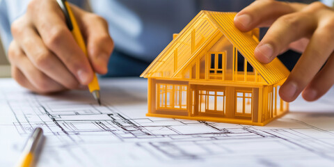 Aufkleber - Architect designing new house project on blueprint with 3d model
