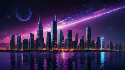 Digital artwork depicting a futuristic cityscape at night.   