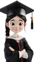 Adorable 3D character of an Asian graduate in bachelor’s robes, set against a white background. This charming design captures the joy and pride of graduation, making it an ideal addition for education