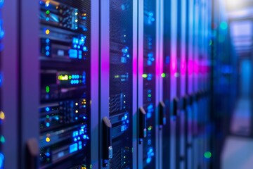 Poster - A modern data center with rows of illuminated server racks, highlighting advanced digital technology
