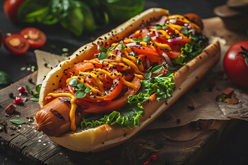 Wall Mural - A deliciously loaded hot dog topped with fresh vegetables and cheese.