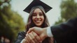 © Master old - Young woman university graduate student holds hands welcoming in handshake pose, expressing trust and success concept, greeting stock photo, on white background