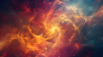 Wall Mural - A colorful space background with a yellow flame in the middle. The flame is surrounded by a blue and red swirl. The image has a vibrant and energetic feel to it, with the bright colors