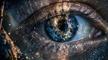 Wall Mural - A starry night sky with a large eye in the center. The eye is surrounded by a galaxy and stars