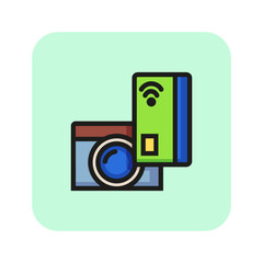 Sticker - Online money line icon. Scanning credit card, camera, banking. Finance concept. Vector illustration can be used for topics like electronic money, cashless, wireless card