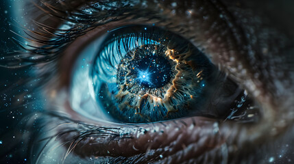 Wall Mural - A starry night sky with a large eye in the center. The eye is surrounded by a galaxy and stars