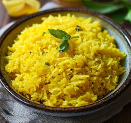 bowl filled with yellow rice and topped with basil