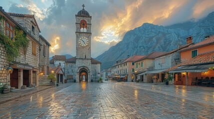 Old Town Square with Clock Tower and Mountain View