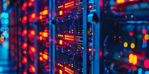 Poster - An impressive and vibrant data center that features illuminated servers alongside cuttingedge networking technology