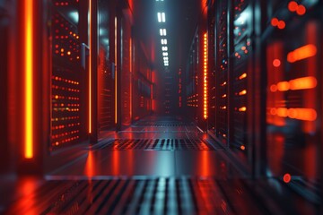 Poster - A contemporary data center that showcases organized rows of servers beautifully illuminated by vibrant red lights
