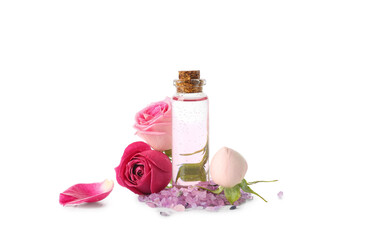 Wall Mural - Bottles of cosmetic oil with rose extract and flowers on white background