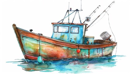 Wall Mural - Fishing boat with fishing rods mounted on the sides,Clipart, watercolor illustration, Perfect for nursery art The style is hand  drawn, white background