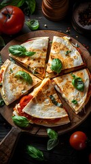 Wall Mural - Delicious vegetarian quesadillas topped with fresh basil and tomatoes.