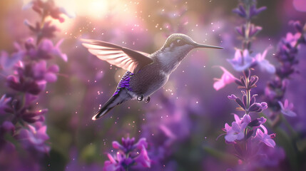 Wall Mural - A hummingbird in flight, surrounded by purple flowers.