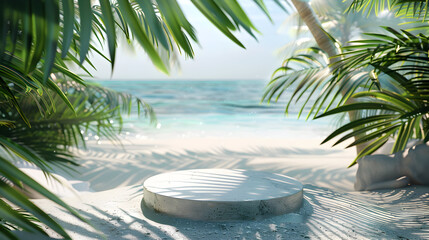 Wall Mural - A stone podium on a white sand beach with palm trees in the background.