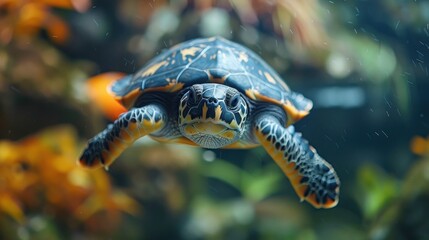 Canvas Print - A Close-up of a Turtle Swimming in an Aquarium