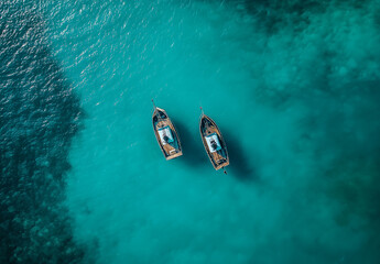 Wall Mural - Drone shot of two boats in the turquoise sea, aerial photography