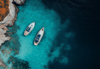 drone shot of two boats in the turquoise sea, aerial photography