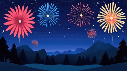 Poster - Stunning flat design depicting a vibrant nighttime with bursts of colorful fireworks lighting up the sky  The image evokes a sense of joy wonder and festive energy perfect for a range of holiday