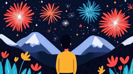 Poster - Dazzling fireworks display lighting up the night sky in a modern flat design style  Colorful glittering explosions create a festive celebratory atmosphere perfect for holiday or event backgrounds