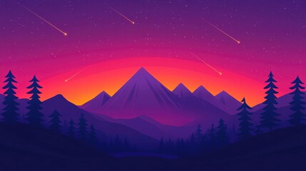 Mesmerizing night sky featuring a breathtaking meteor shower with twinkling shooting stars against a dark dramatic backdrop  Flat design style captures the ethereal cosmic atmosphere