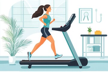 A woman jogging on a treadmill in a bright, modern gym. The setting is vibrant with indoor plants and fitness equipment.