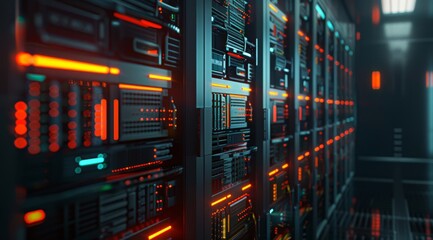 Poster - A contemporary data center showcasing illuminated server racks along with cuttingedge technology advancements
