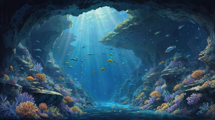 Underwater cave design with swimming fish