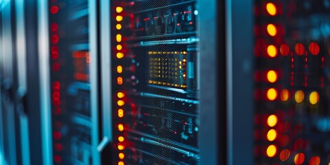 Poster - This text provides a detailed view of servers with bright, glowing lights within a contemporary data center environment